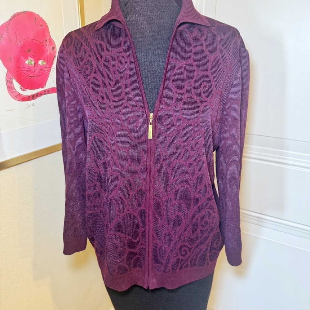 ST. John Knit Wool Blend‎ Zip Up Jacket Purple Burgundy Pattern Women’s Size S